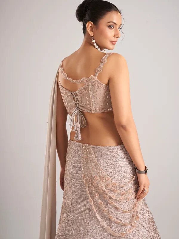 Peach net designer lehenga choli with dupatta