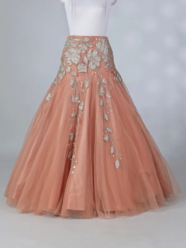 Peach net lehenga choli with attached dupatta