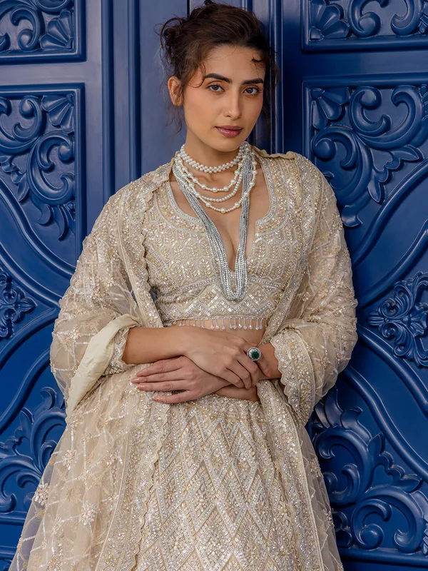Peach net lehenga choli with stone embellishment
