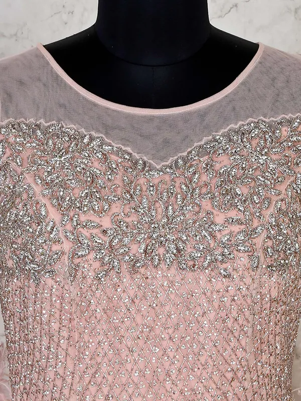 Peach net wedding designer gown