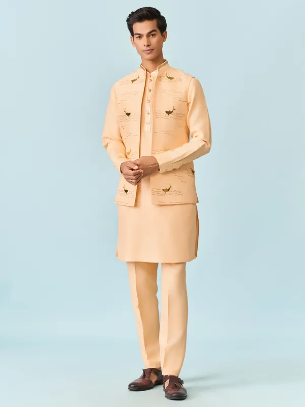 Peach oceanic cutadana work kurta jacket set