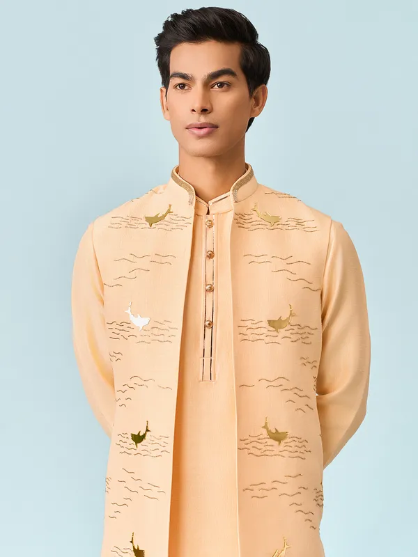 Peach oceanic cutadana work kurta jacket set