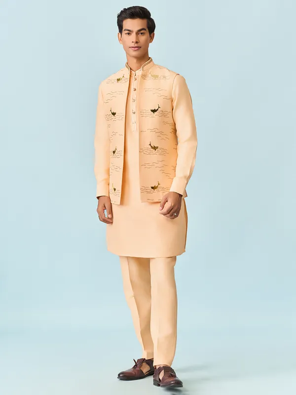 Peach oceanic cutadana work kurta jacket set