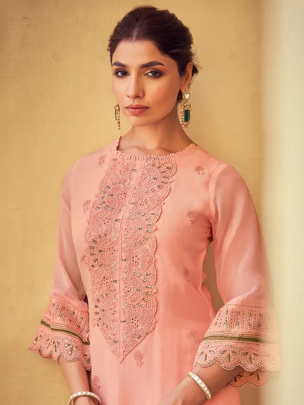 Peach organza salwars suit with cutwork