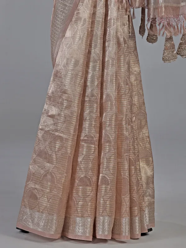 Peach organza saree with zari and sequins work