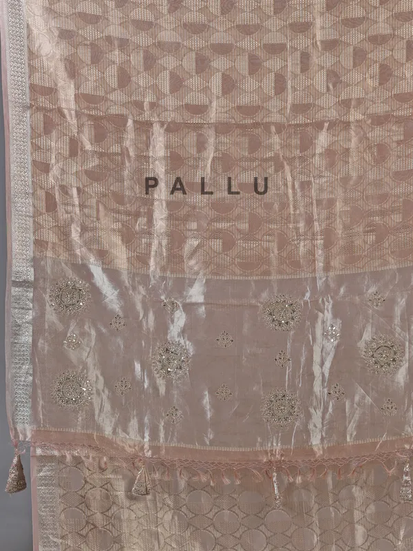 Peach organza saree with zari and sequins work