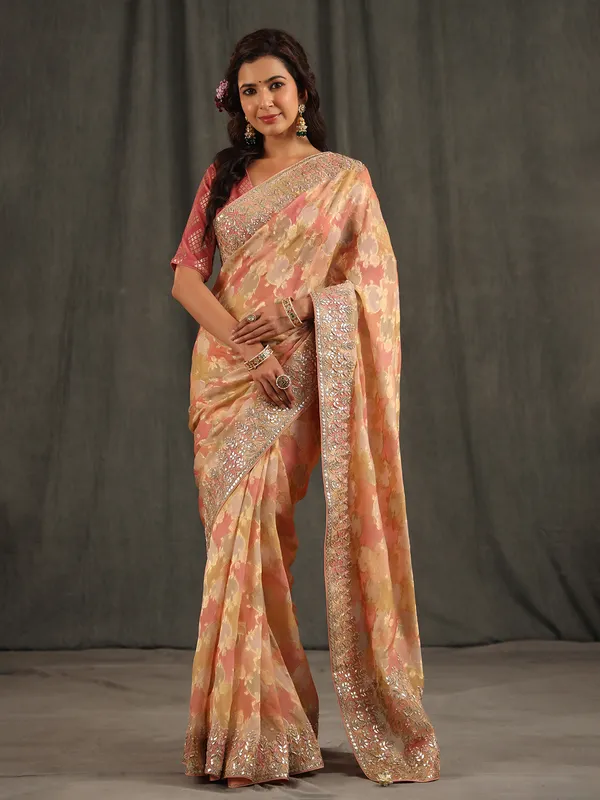 Peach organza wedding saree