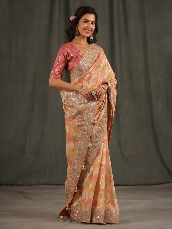 Peach organza wedding saree