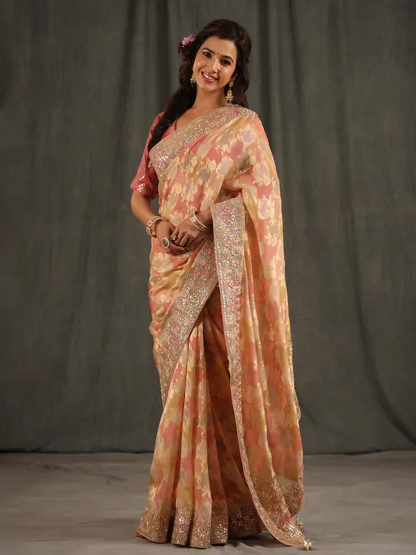 Peach organza wedding saree