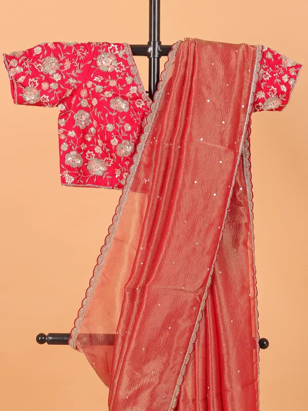 Peach organza wedding wear saree