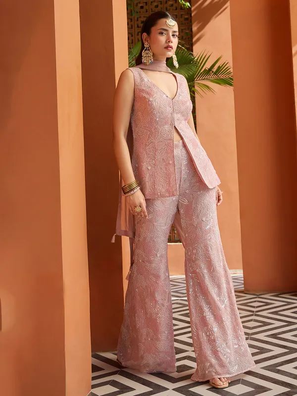 Peach palazzo suit with cutdana work