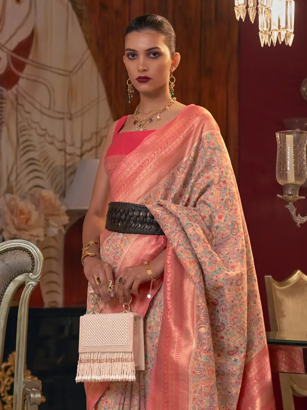 Peach pashmina silk zari weaving saree