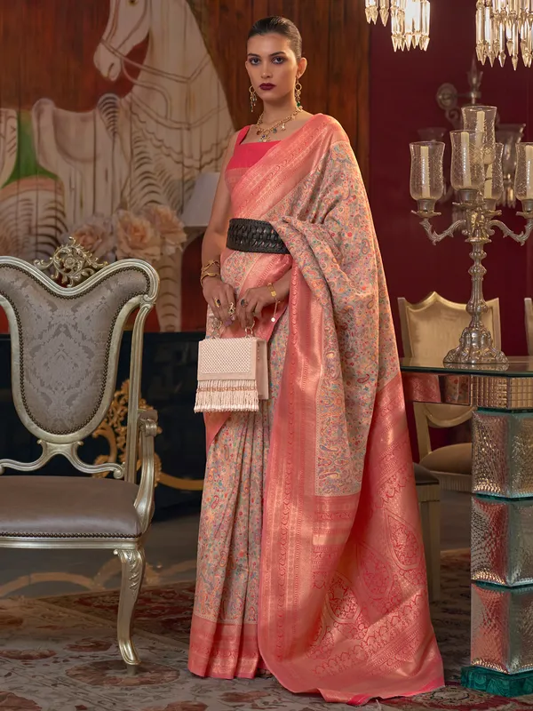 Peach pashmina silk zari weaving saree