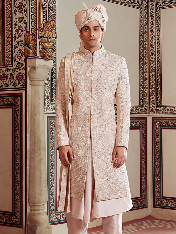 Peach peshwai style raw silk sherwani for groom