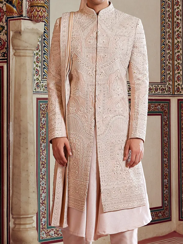 Peach peshwai style raw silk sherwani for groom