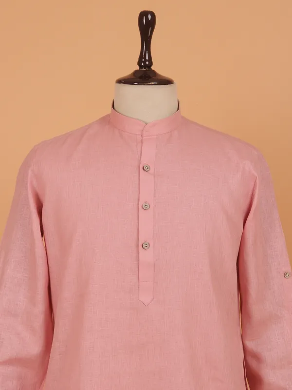 Peach plain mandarin neck kurta set for men