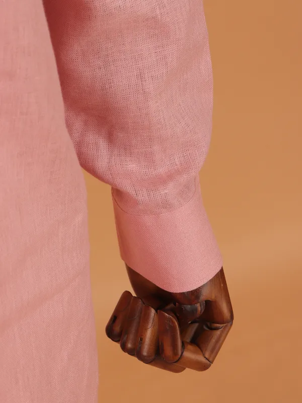 Peach plain mandarin neck kurta set for men