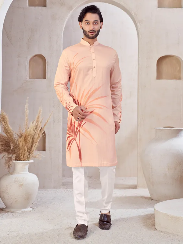 Peach printed cotton kurta suit for festive wear