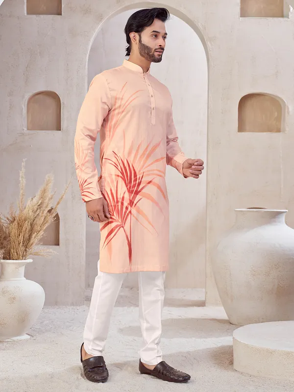 Peach printed cotton kurta suit for festive wear