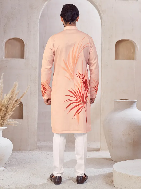 Peach printed cotton kurta suit for festive wear