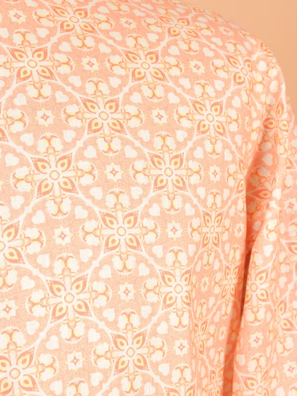 Peach printed cotton kurta suit for men