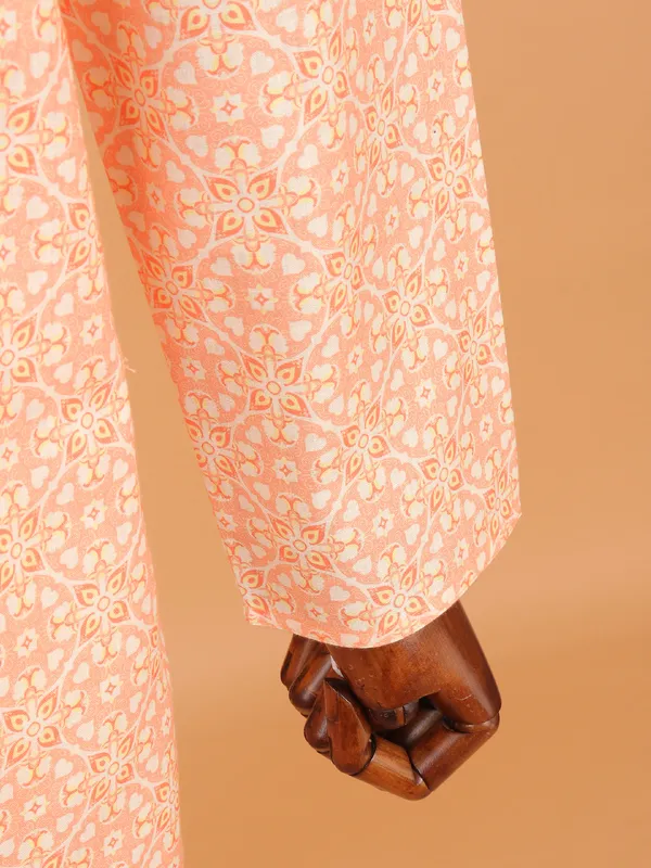 Peach printed cotton kurta suit for men