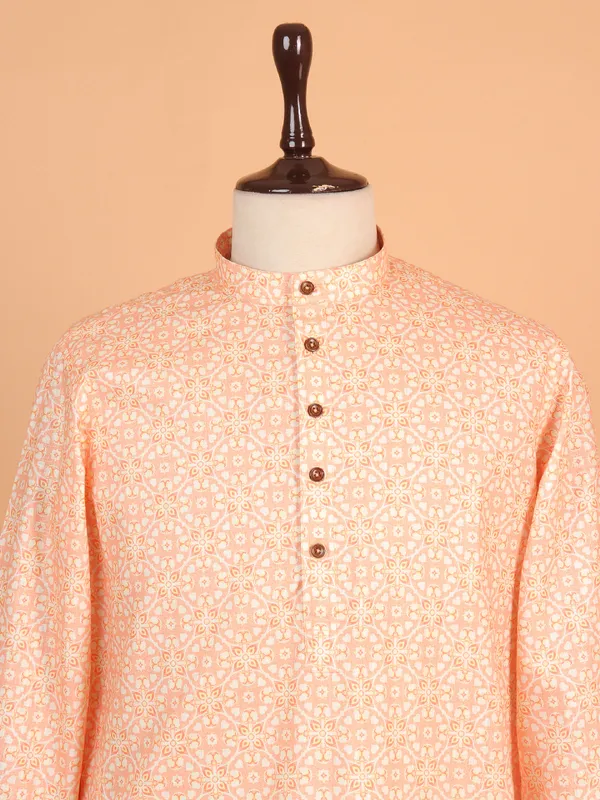 Peach printed cotton kurta suit for men