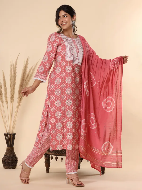 Peach printed cotton kurti set with dupatta