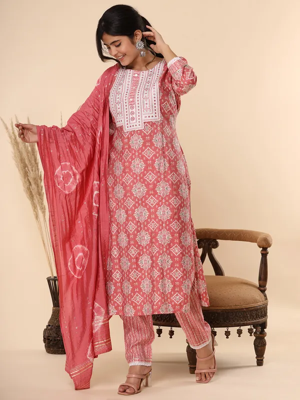 Peach printed cotton kurti set with dupatta