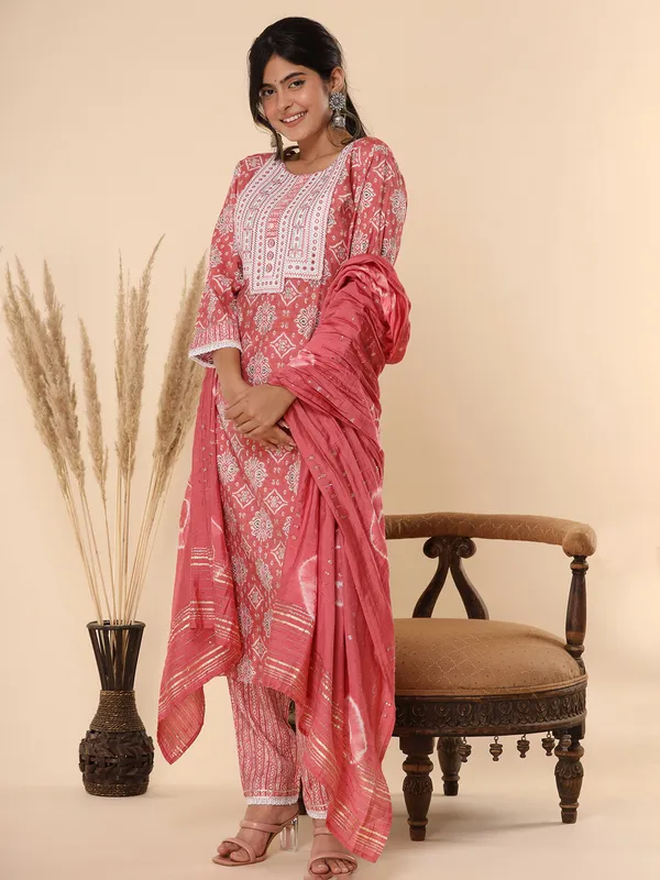 Peach printed cotton kurti set with dupatta