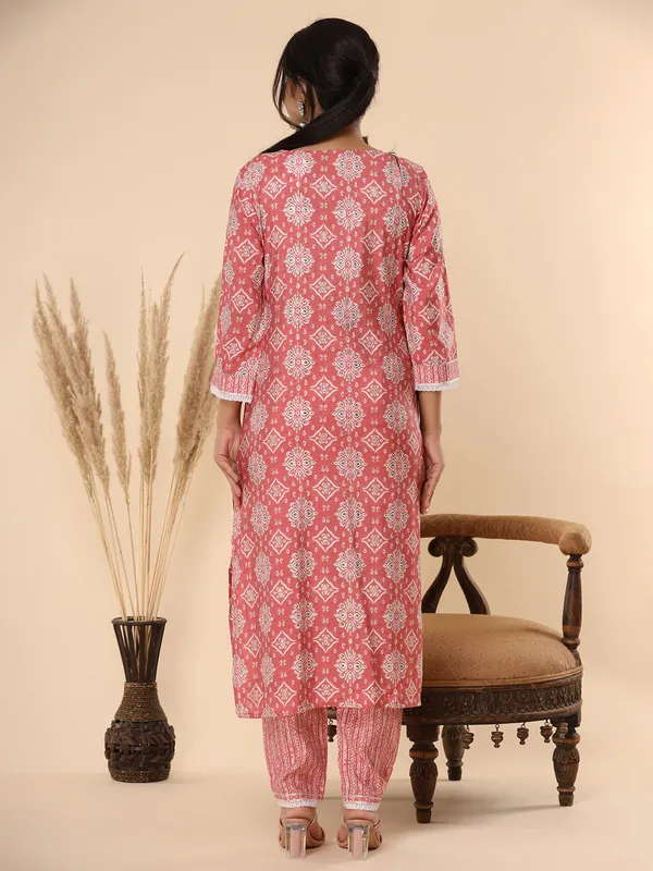 Peach printed cotton kurti set with dupatta