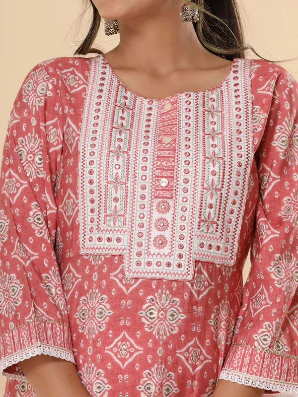 Peach printed cotton kurti set with dupatta