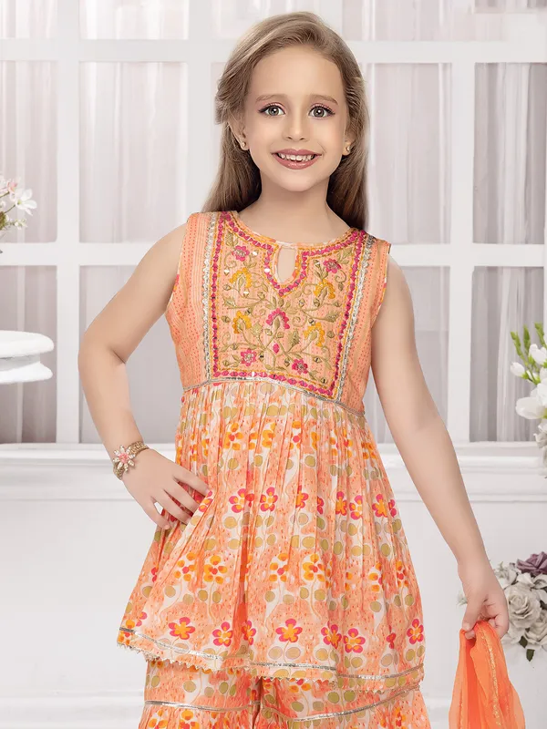 Peach printed cotton sharara salwar suit