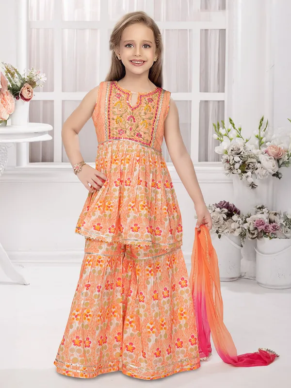 Peach printed cotton sharara salwar suit