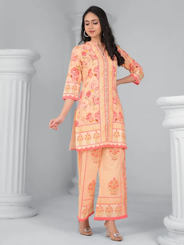 Peach printed cotton silk palazzo kurti set