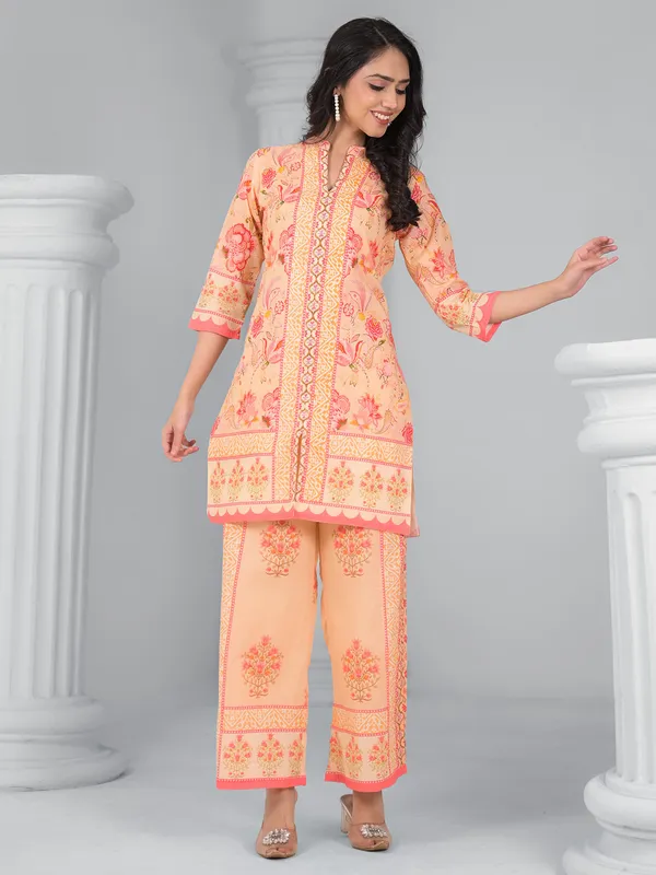 Peach printed cotton silk palazzo kurti set
