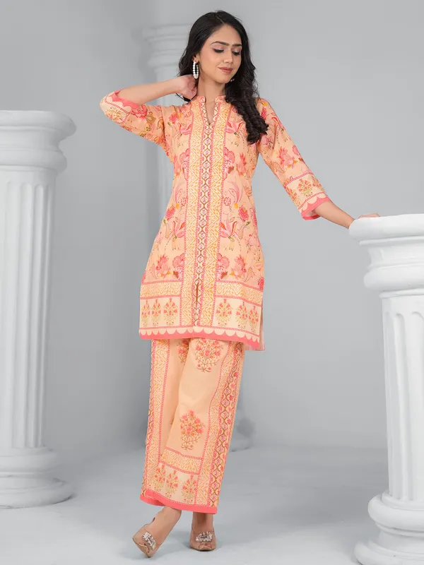Peach printed cotton silk palazzo kurti set