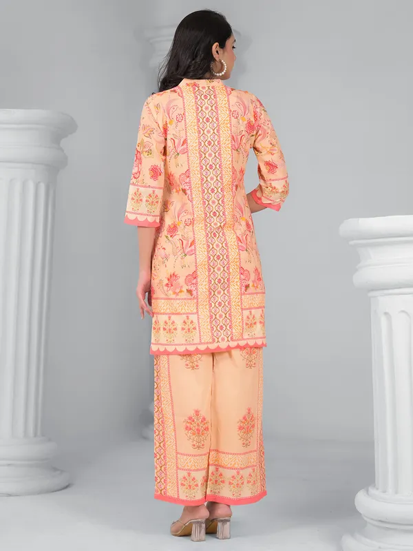 Peach printed cotton silk palazzo kurti set