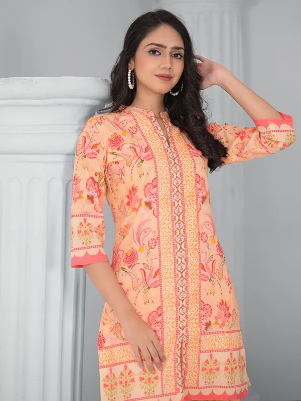 Peach printed cotton silk palazzo kurti set