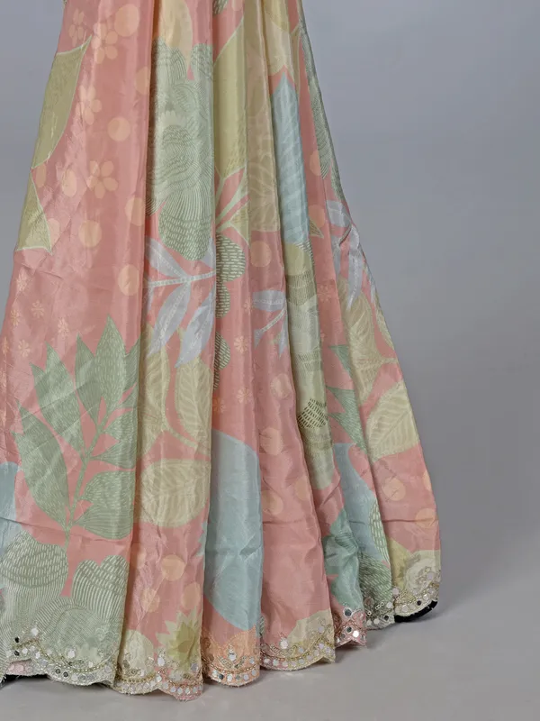 Peach printed crepe silk saree with mirror work