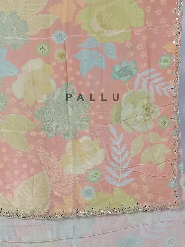 Peach printed crepe silk saree with mirror work