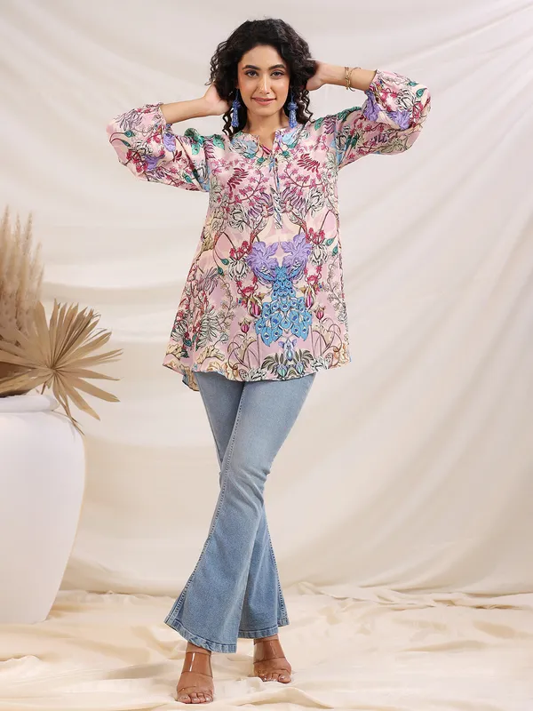 Peach printed crepe top for women