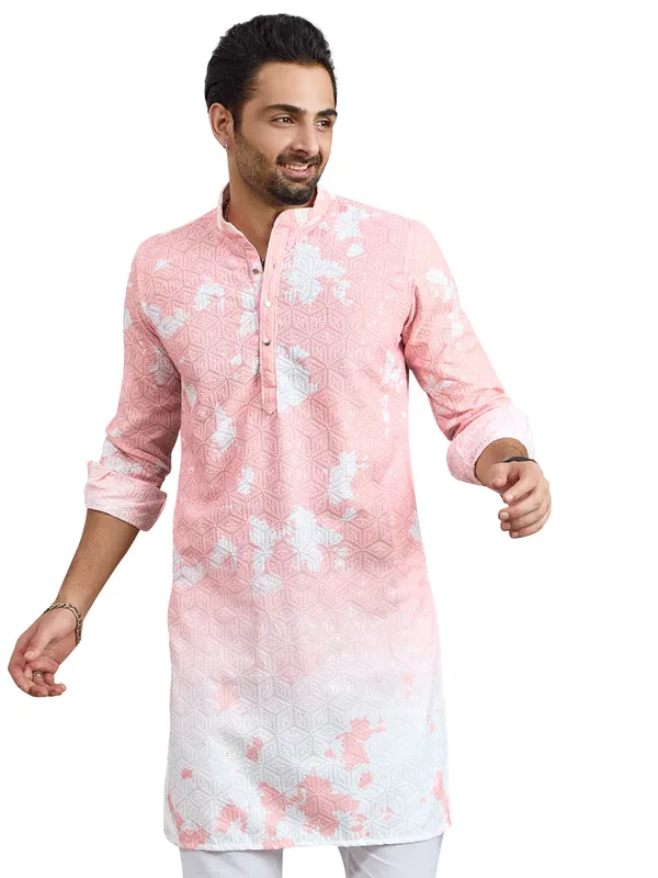 Peach printed embroidery kurta