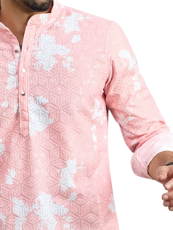 Peach printed embroidery kurta