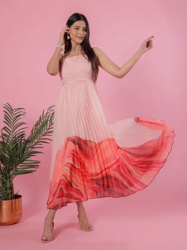 Peach printed georgette dress for women