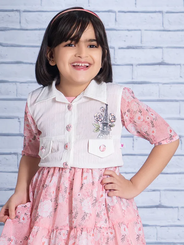 Peach printed georgette frock