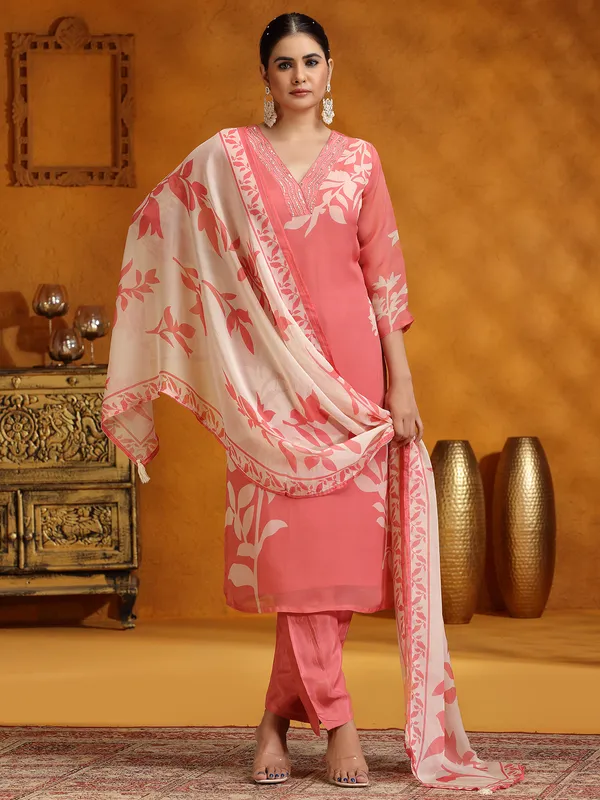 Peach printed georgette salwar suit with dupatta