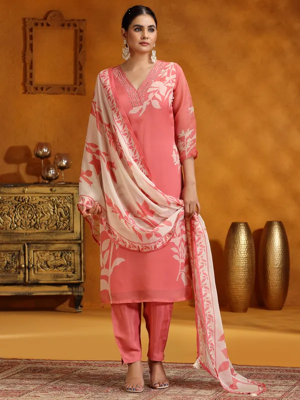 Peach printed georgette salwar suit with dupatta