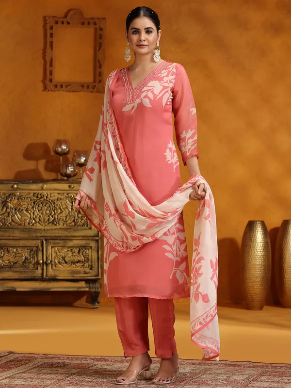 Peach printed georgette salwar suit with dupatta