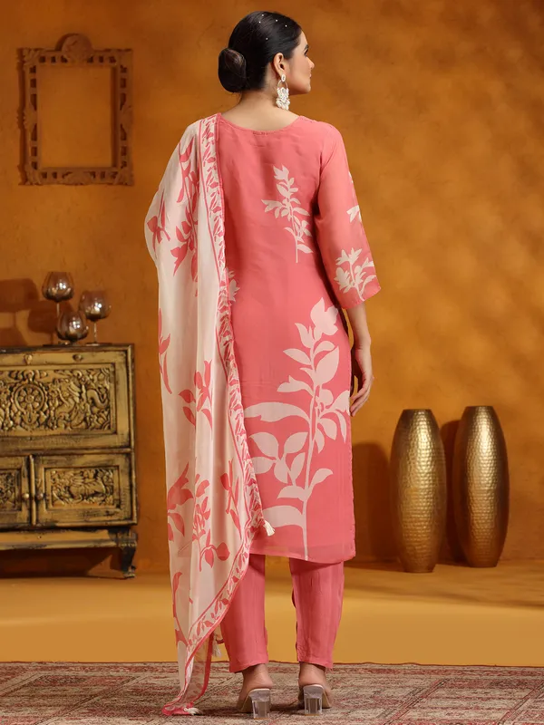 Peach printed georgette salwar suit with dupatta